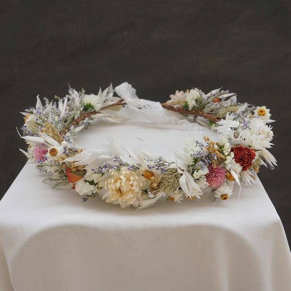 Spring Wedding Colorful Dry Flower Wildflower Bridal Crown, Dry Rose Little Daisy Girl Photo Headwear, Bohemian Wedding Headwear