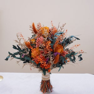 Burnt Orange Theme Wedding Bride Bouquet, Orange Rose Wildflower Mixed Bride, Autumn Wedding Dried Flower Bouquet, Boutonniere&Corsage