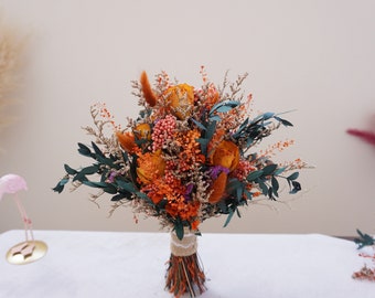 Burnt Orange Theme Wedding Bride Bouquet, Orange Rose Wildflower Mixed Bride, Autumn Wedding Dried Flower Bouquet, Boutonniere&Corsage