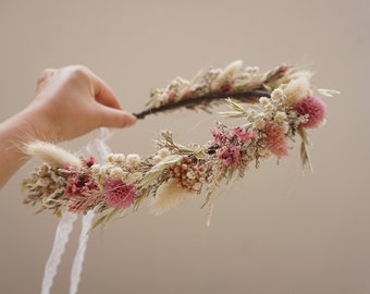 Blush Dried Flower Crown, dry oatmeal corolla,Newborn Crown, Dried Floral Halo, Flower Girl Crown, Boho Brida Flower Crown