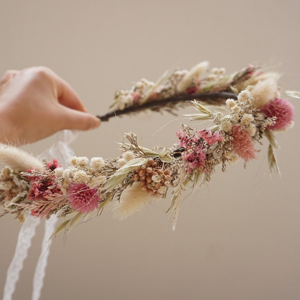 Couronne de fleurs séchées blush, corolle d'avoine sèche, couronne de nouveau-né, halo floral séché, couronne de demoiselle d'honneur, couronne de fleurs Boho Brida