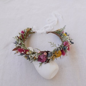 Blue thistle dried flower bride's crown, yellow green rust colored dried flower mixed wedding crown, rabbit tail girl's crown