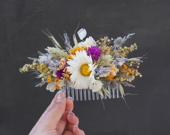 Natürlicher Wildblumen-Haarkamm mit gemischten Trockenblumen, Lavendel, Distel, Hafer, gemischte Trockenblumen, Braut-Haarkamm, Boho-Hochzeitsdekoration