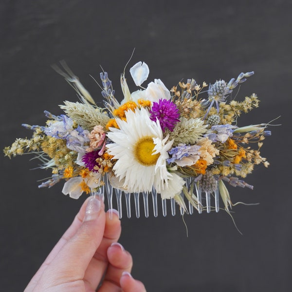 Couronne et peigne de fleurs séchées naturelles mélangées à fleurs sauvages, lavande, chardon, couronne de mariée à fleurs sèches mélangées d'avoine, décoration de mariage bohème, peigne à cheveux