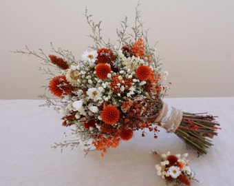 Burnt orange thistle bridal bouquet, caramel baby breathing bridesmaid, autumn wildflower bouquet, wedding arrangement