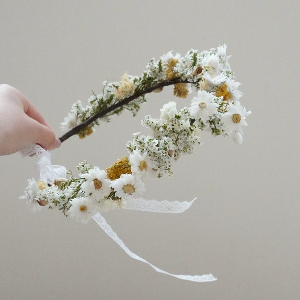 Couronne de fleurs séchées de mariage bohème, couronne de mariée de fleurs séchées marguerite, couvre-chef pour fille, couronne de fleurs sauvages