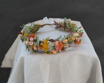 Corona de flores silvestres de flores secas de boda de primavera, corona de novia de flores secas mixtas de verde rosa naranja, tocados de baby shower