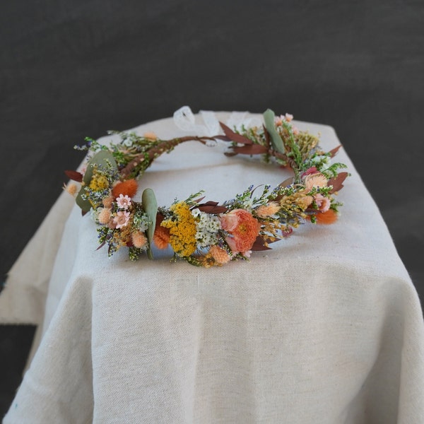 Couronne de fleurs sauvages de mariage de printemps, couronne de mariée de fleurs sèches mélangées orange rose vert, couvre-chef de baby shower