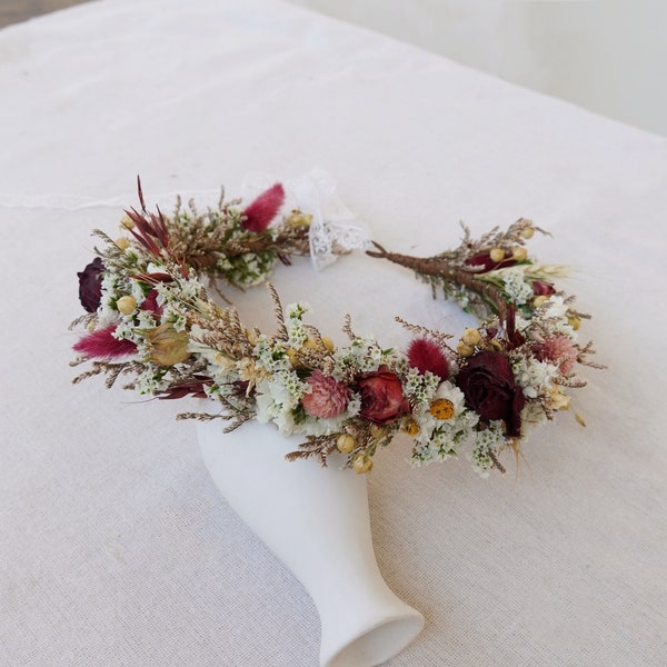 Rose dried flower bridal crown, maroon themed wedding bridal headwear, wedding flower boy crown, girl wreath