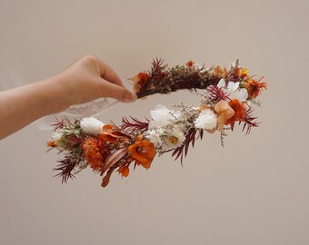 Fall Dried Flower Crown,Burnt Orange Dried Flower Crown, Bridesmaid Flower Gift, Rustic&Boho Hair Wreath, Girl Child Crown, Engagement Crown