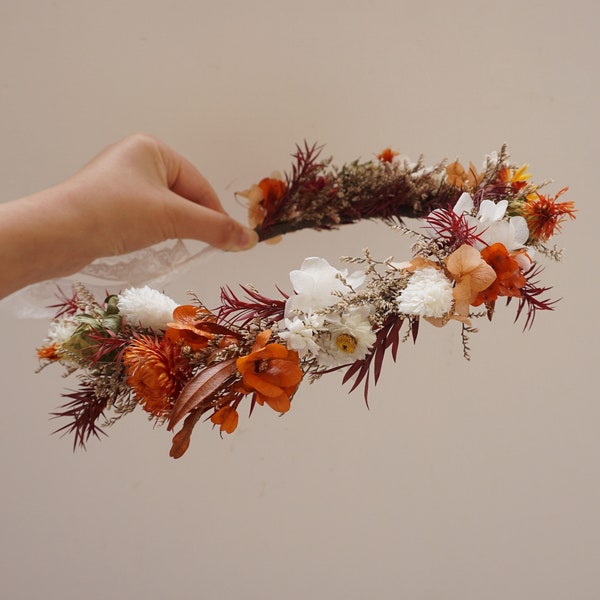 Fall Dried Flower Crown,Burnt Orange Dried Flower Crown, Bridesmaid Flower Gift, Rustic&Boho Hair Wreath, Girl Child Crown, Engagement Crown