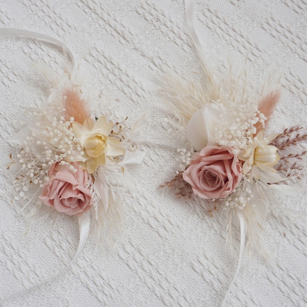 Pink Rose+Rabbit Tail corsage, Pampas Bohemian Dry Flower Wedding Wrist Flower, Wedding Decoration, Bridesmaid corsage