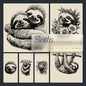 Puede incluir: Colección de ilustraciones de perezosos en blanco y negro. Las imágenes muestran perezosos abrazándose, con flores, colgados de una rama y más. El texto "Sloths. a modern design pack" se muestra en la imagen.