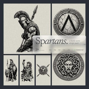May include: A digital design pack titled Spartans featuring 29 black and white illustrations. The graphics include a Spartan warrior with a spear, a shield with a Lambda symbol, a Medusa shield, a warrior with a wolf, and crossed spears.