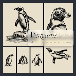 May include: A series of monochrome penguin illustrations. The image features penguins in different stances, including one standing on ice and another in flight. The text overlay reads "Penguins" and "33 Designs". The style is reminiscent of vintage engravings.