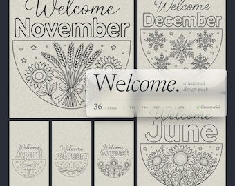 Paquete de 36 letreros de bienvenida en formato SVG, diseños redondos mensuales para puertas de temporada para láser Cricut.