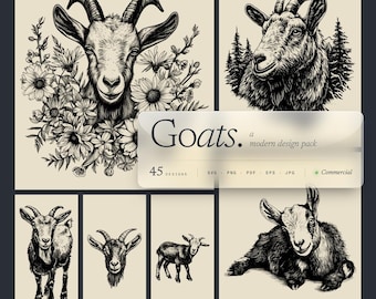 May include: A collection of black and white goat illustrations in various poses, including a goat with flowers and another with a forest background. The image includes the text "Goats. a modern design pack" with file type options.