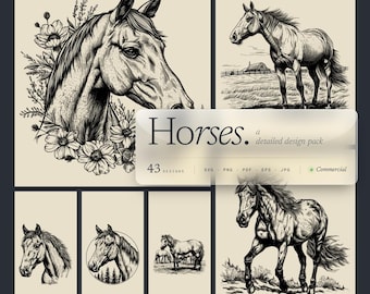 Horse Detailed Designs Bundle PNG & SVG For Laser Engraving or Print, Horse Head, Farm Animal, Nature, Horse Flowers, Western, Native