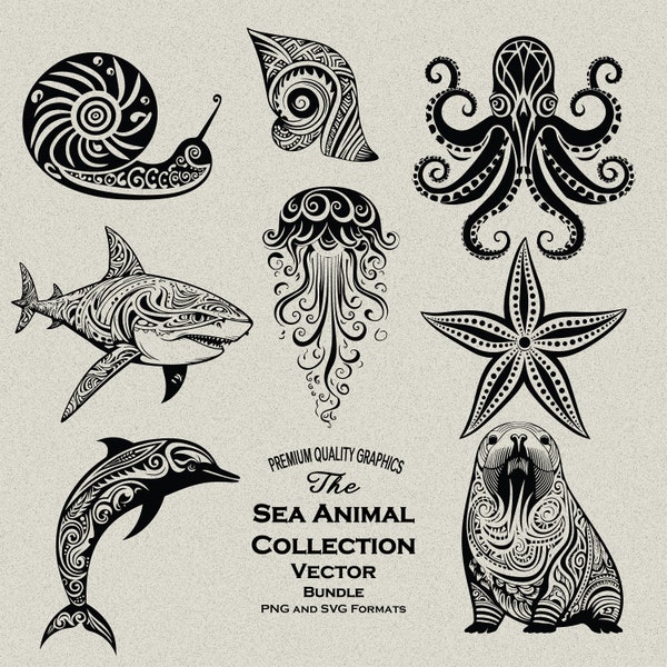 Lot de 25 animaux marins tribaux SVG-PNG en téléchargement numérique Maoris : dauphin, requin, morse, hippocampe, escargot, pieuvre, méduse, poisson, tortue de mer