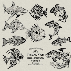 50 Tribal Fish SVG-PNG Bundle Digital Files Māori: Salmon, Lion Fish, Trout, Goldfish, Ocean Fish, Lake Fish, Shark, Flounder, Puffer Fish