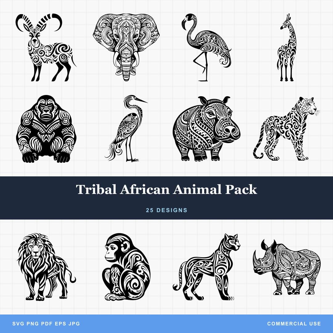 Tribal African Animal Designs Pack SVG & PNG Files for Laser Engrave ...