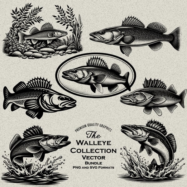 25 Walleye Pickerel Doré Designs Bundle PNG & SVG Digital For Laser Engraving or Print, Fishing Svg, Large Walleye jumping, Trophy Fish