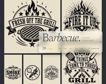 Paquete de 28 diseños SVG de insignias para barbacoa, diseños vintage de escudos de maestros parrilleros para láser y Cricut.