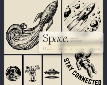 Astronaut & Space Designs SVG and PNG Bundle Engraving ready Files, Laser, Alien, Sci-Fi, Lightburn Ready, planets, cosmos, astroid