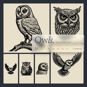 Pode incluir: Ilustrações de corujas em preto e branco em várias poses. A imagem inclui uma coruja empoleirada, um close-up do rosto de uma coruja e corujas em voo. O texto "Owls. a modern design pack" também está presente.