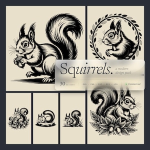 May include: A collection of black and white squirrel illustrations. The designs include squirrels holding acorns, surrounded by leaves, and within a circular wreath. The text "Squirrels. a modern design pack" is displayed on a transparent label.