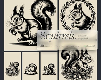 Squirrel Designs SVG & PNG Bundle Laser Engraving or Print. Woodland, Forest Animal, Acorn, wildlife, Digital Download