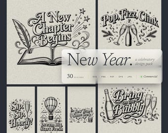 Paquete de 30 archivos SVG para tablas de cortar de Año Nuevo, frases para brindis con champán para grabado láser.