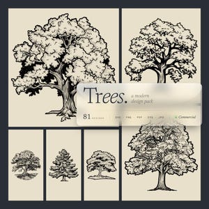 Pode incluir: Uma coleção de ilustrações de árvores em preto e branco em vários estilos. A imagem inclui uma variedade de designs de árvores, de carvalhos detalhados a pinheiros mais simples. A sobreposição de texto diz "Trees. a modern design pack" com opções de tipo de arquivo.