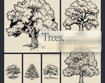 May include: A collection of black and white tree illustrations in various styles. The image includes a variety of tree designs, from detailed oak trees to simpler pine trees. The text overlay reads "Trees. a modern design pack" with file type options.