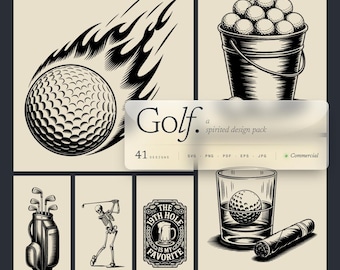 May include: A collection of black and white golf-themed illustrations. Includes a golf ball on fire, a bucket of golf balls, a golf bag with clubs, a skeleton golfer, a sign that says "The 19th Hole is My Favorite", and a golf ball in a glass with a cigar.