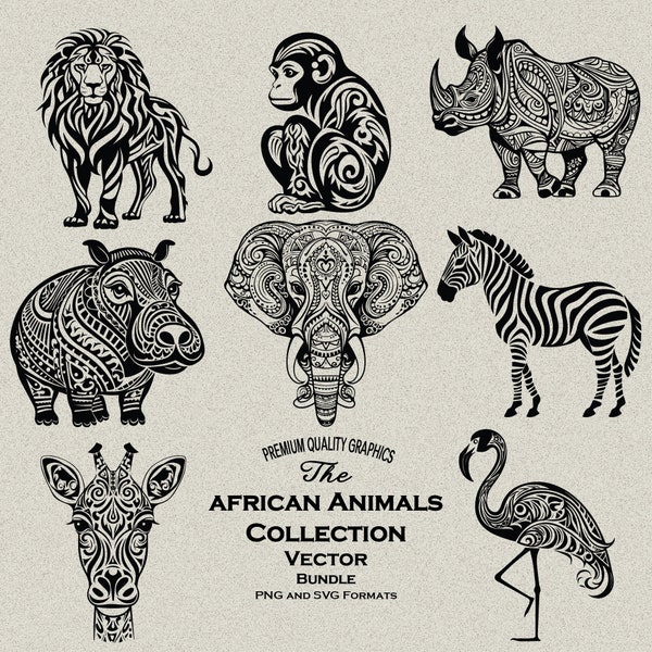 25 Tribal African Animal Designs Pack SVG & PNG Files for Laser Engrave, Print or Cutting,  lion, Monkey, Rino, Hippo, Zebra, Elephant, Bat