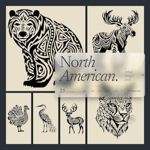 Könnte beinhalten: Eine Sammlung schwarzer Stammesdesign-Illustrationen nordamerikanischer Tiere, darunter ein Bär, ein Elch, ein Truthahn, ein Kranich, ein Hirsch und ein Gepard. Der Text "North American" wird auf einer transparenten Überlagerung angezeigt.