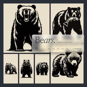 Puede incluir: Una colección de ilustraciones en blanco y negro de osos en varias poses. Las imágenes incluyen un oso rugiendo, un oso con un pez y otros diseños de osos. El texto en la imagen dice "Bears. a modern design pack".