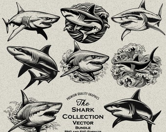 35 Shark Designs Bundle PNG & SVG Digital For Laser Engraving or Print. Great White Shark, Bull Shark, Shark Breaching, Japanese Waves