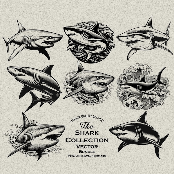 35 Shark Designs Bundle PNG & SVG Digital For Laser Engraving or Print. Great White Shark, Bull Shark, Shark Breaching, Japanese Waves