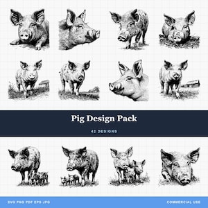 Pig Designs Bundle PNG & SVG For Laser Engraving or Print, Piglet, Pig head, Baby Pig and Mother, Pig on Farm, Sow, Pig Pack, Farmhouse