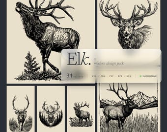 Elk Designs Bundle SVG & PNG for Laser Engraving or Print Bull Elk, Elk Call, Wildlife Art, Elk Mountains, Elk Rack, Elk Head, Rustic Art