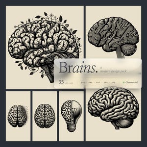 May include: A selection of black and white brain illustrations. The designs include a brain with plant-like elements, a brain with circuit board patterns, and a brain combined with a lightbulb. The text "Brains. a modern design pack" is also present.