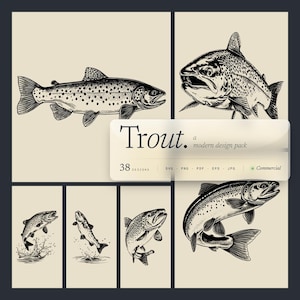 May include: A collection of black and white illustrations of trout fish in various poses. The images include detailed drawings of the fish, some jumping out of water. The text "Trout. a modern design pack" is also present.