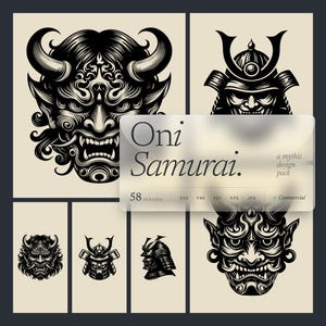 May include: A collection of black and white Oni and Samurai illustrations. The designs include detailed depictions of demon masks and samurai helmets. The image also includes the text "Oni Samurai" and "a mythic design pack".