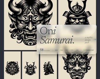 May include: A collection of black and white Oni and Samurai illustrations. The designs include detailed depictions of demon masks and samurai helmets. The image also includes the text "Oni Samurai" and "a mythic design pack".