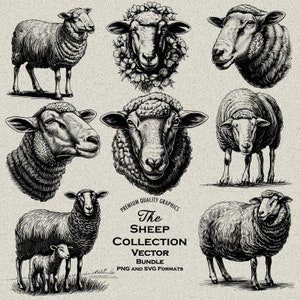 Lot de 27 motifs moutons PNG & SVG numérique pour gravure ou impression laser, agneau, bébé mouton, scène de ferme, tête de mouton, fichier de gravure de mouton