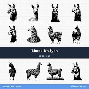 Paquete de diseños de llamas y alpacas PNG y SVG para grabar, imprimir o cortar: Llama, Llama divertida, Archivo de Cricut de llama, Cara de llama, Cabeza de llama