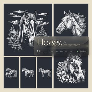 以下が含まれることがあります： 白黒の馬のイラストのコレクション。デザインには、詳細なポートレート、全身描写、山や花のあるシーンが含まれています。画像には「Horses for slate engraving pack」と書かれています。
