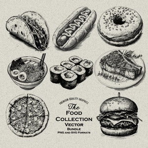 Paquete de 85 diseños de alimentos PNG y SVG para grabado o impresión láser, pizza, sushi, ramen, comida chatarra, hamburguesa, taco, hotdog, verduras, rosquillas, frutas